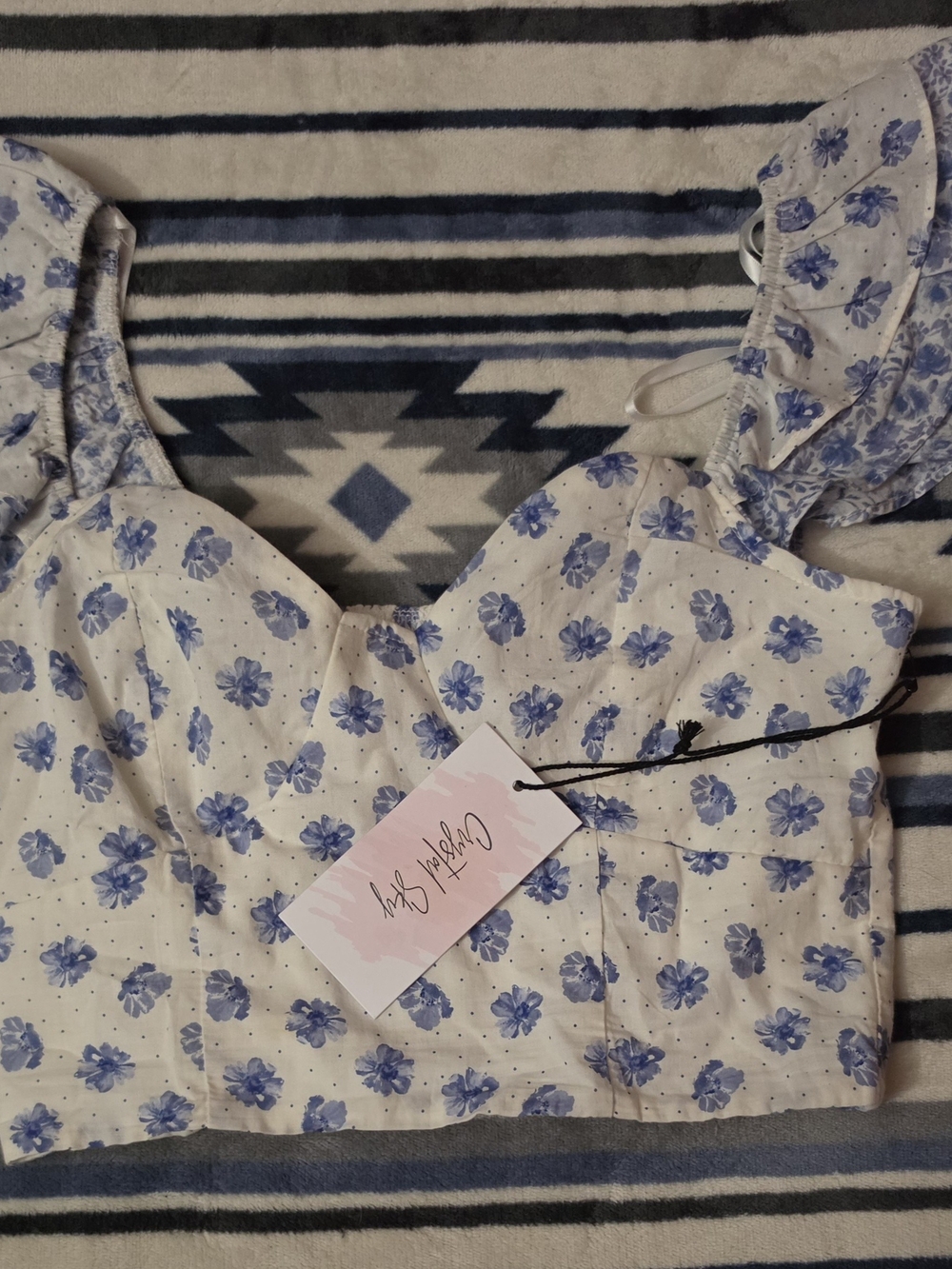 Women’s White Floral Smocked Crop Top with Blue Print